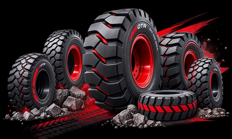 A group of OTR tyres with red rims on rocky ground