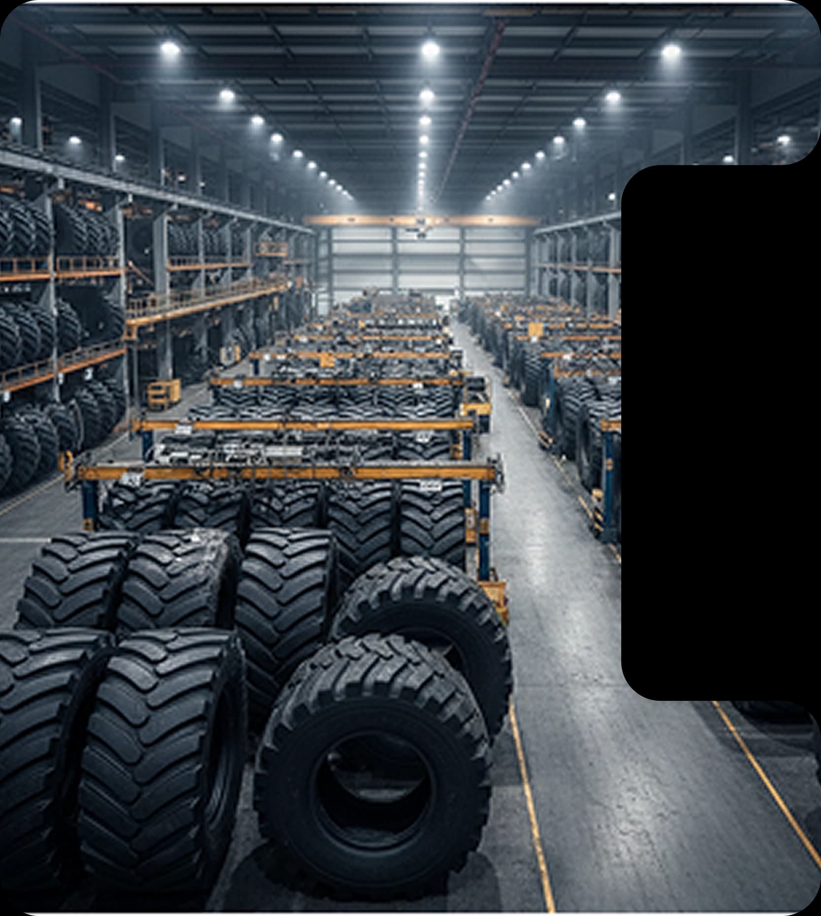 مستودع إطارات بصفوف من إطارات OTR