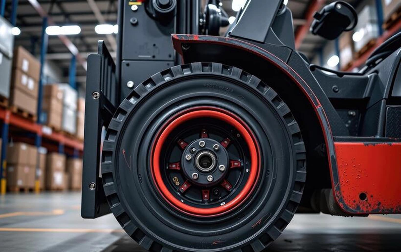 Solid forklift tyre with a red rim inside a warehouse