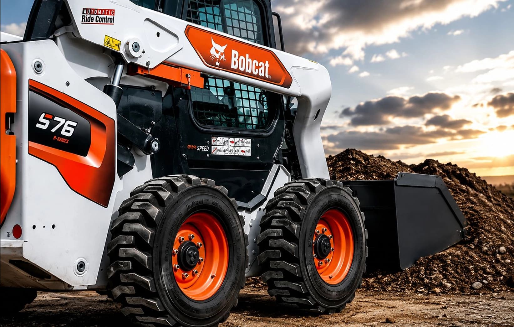 Skid steer loader on industrial tyres at a construction site